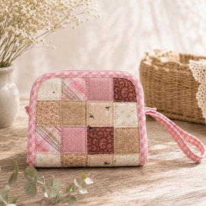 Monedero acolchado hecho a mano, cartera de mano con estampado floral de patchwork, neceser con cremallera de estilo cottagecore, regalo para ella.