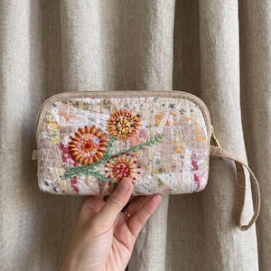 Handmade Patchwork Wallet, Embroidered Zipper Pouch, Quilted Fabric Clutch, Floral Wristlet Wallet, Gift for Her, Boho Textile Purse
