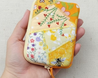 Quilted Coin Purse Zipper Pouch, Embroidered Patchwork Wristlet, Small Handmade Wallet, One of a Kind Gift for Women