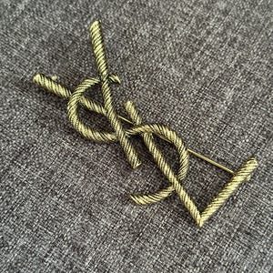Yves Saint Laurent VTG YSL Vintage Golden with Dark Woven Brooch Pin Gold Steel Accessory 7cm 2.8&quot;