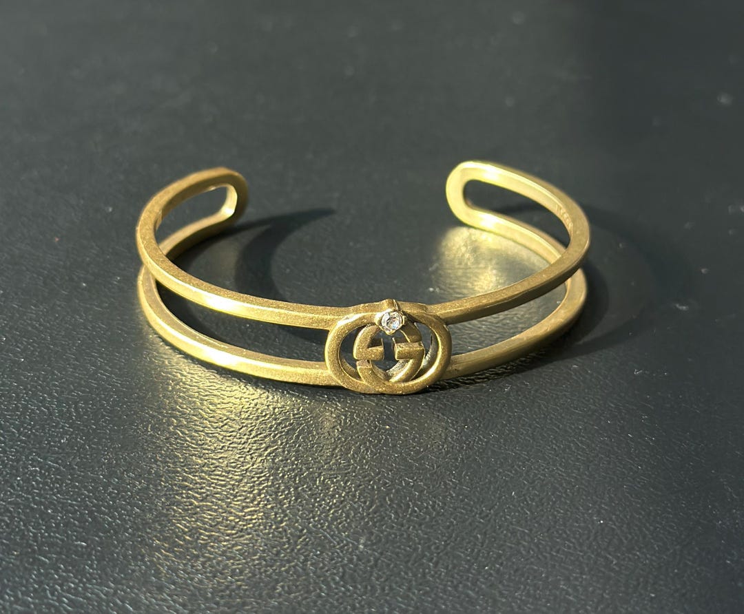 Vintage VTG Gucci GG Golden Bangle Bracelet Rhinestones Steel GG ...