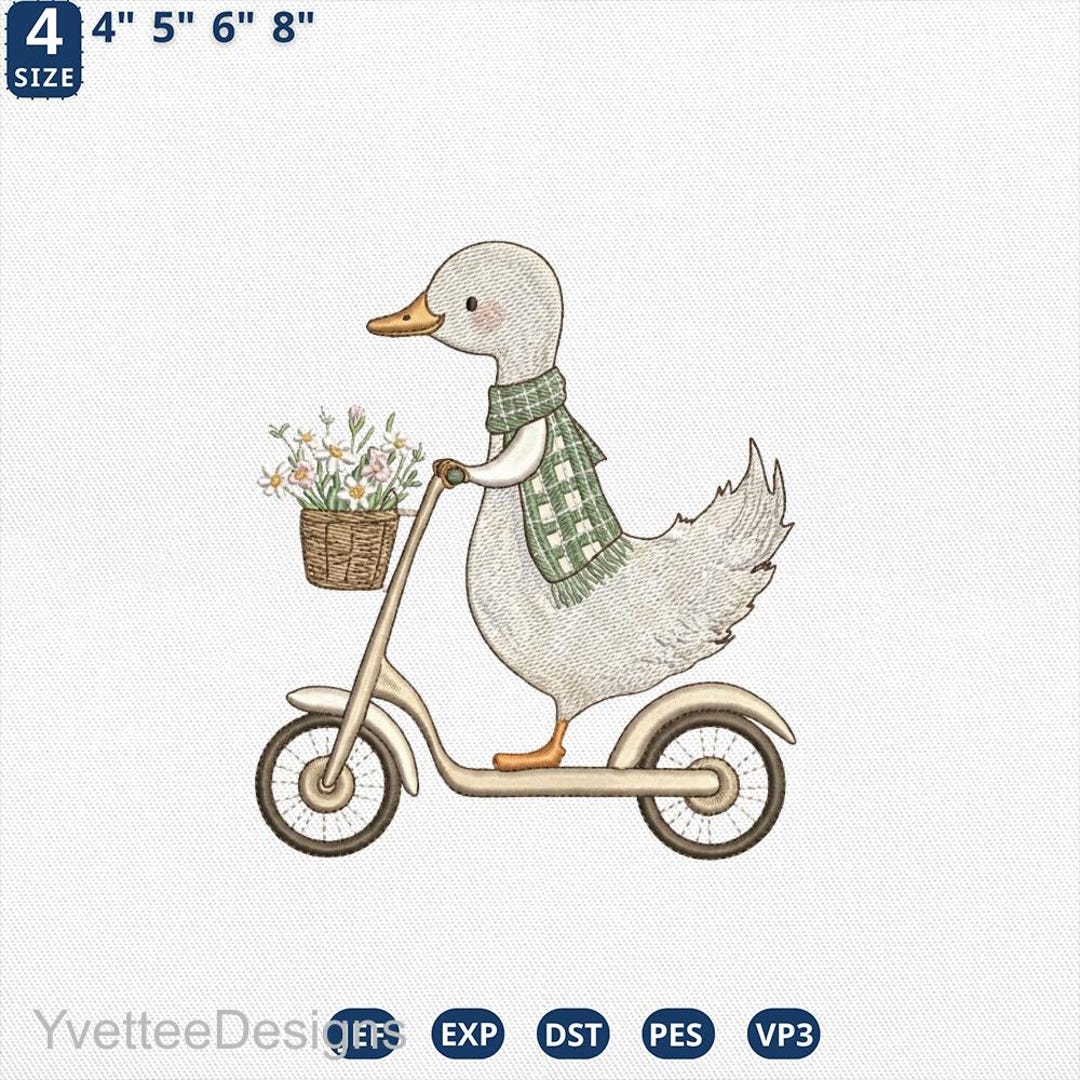 Cute Duck Scooter Embroidery Design, Neutral Nursery Goose Riding ...