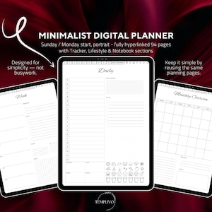 Peut inclure: Un planificateur numérique affiché sur trois tablettes. La tablette centrale présente une mise en page quotidienne avec des sections pour une citation et une liste de tâches. Le planificateur comprend des vues hebdomadaires et mensuelles, avec le texte "MINIMALIST DIGITAL PLANNER".