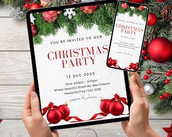 Editable Canva Template - Christmas Party Invitation, Digital Holiday Invite, Printable Xmas Party Invitation, Canva invitation pdf download