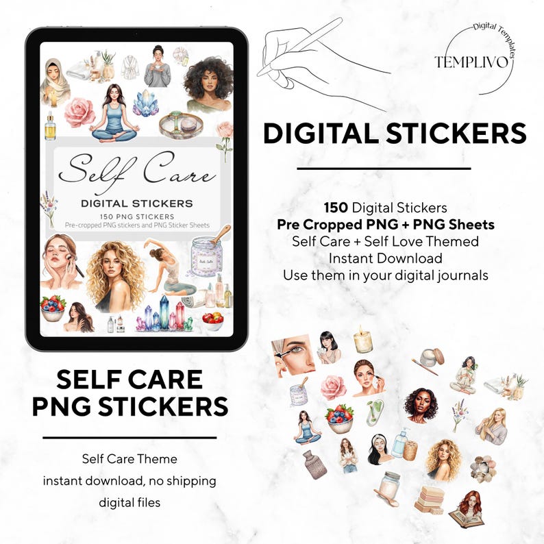 Digital Stickers, Self Care, 150 Watercolor PNG Planner Stickers ...