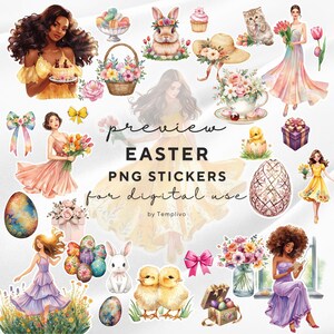 May include: A selection of watercolour Easter PNG stickers, including bunnies, chicks, decorated eggs, floral arrangements, and women in dresses. The text "preview Easter PNG stickers for digital use" is also included.