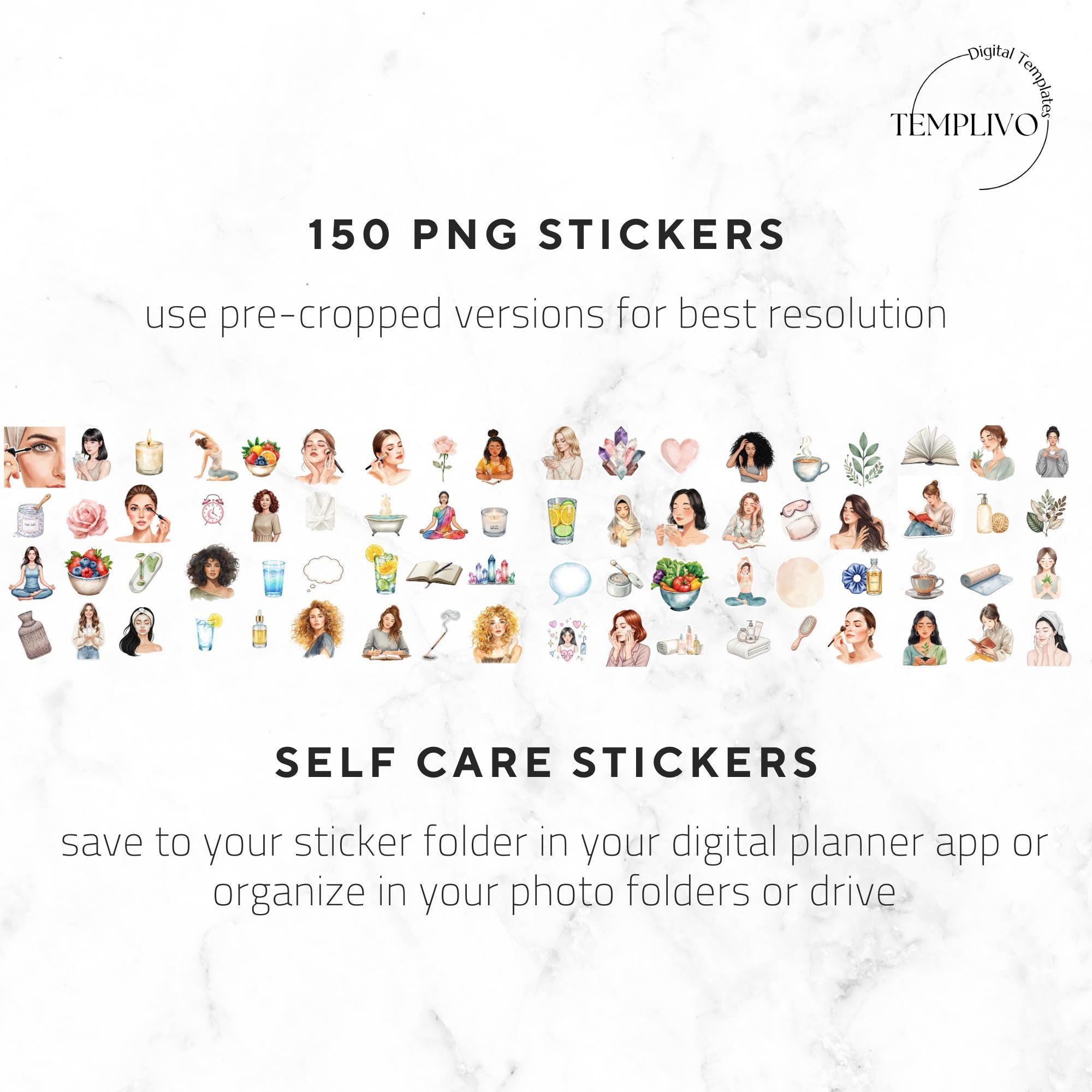 Digital Stickers, Self Care , 150 Watercolor PNG Planner Stickers ...