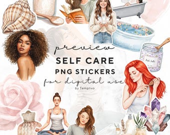 Digital Stickers, Self Care, 150 Watercolor PNG Planner Stickers, Wellness and Self Love themed, digital planner stickers, girl clipart
