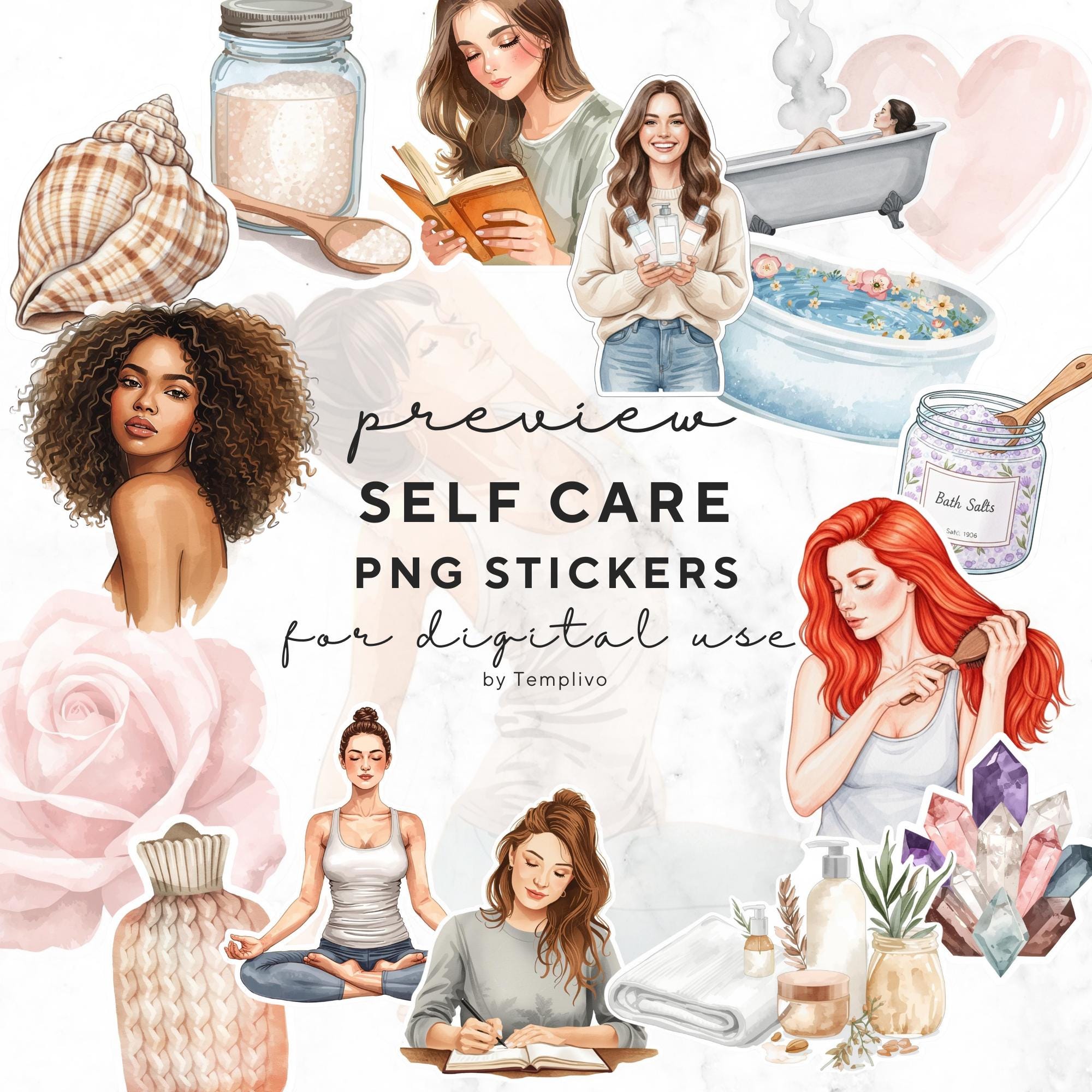 Digital Stickers, Self Care, 150 Watercolor PNG Planner Stickers ...