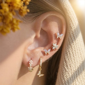 Butterfly CZ Earrings Set: Gold Hoop Stacked Earrings, Minimalist Jewelry