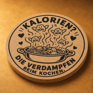 Può includere: Un sottopentola rotondo in sughero con una stampa nera raffigurante una pentola di pasta da cui sale vapore sotto forma di nuvole alate etichettate KCAL. Il testo recita KALORIEN? DIE VERDAMPFEN BEIM KOCHEN. Tre piccoli cuori neri circondano il disegno.
