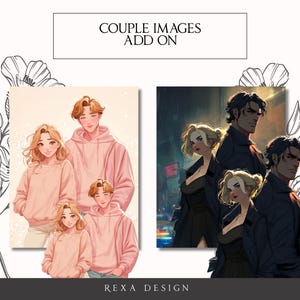 May include: Digital art prints of couples. One shows a family of four in pink hoodies, the other a couple in dark coats. The text "COUPLE IMAGES ADD ON" is at the top, and "REXA DESIGN" is at the bottom.