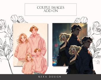 May include: Digital art prints featuring couples. One print shows a family of four in pink hoodies, while the other depicts a couple in dark coats. The text "COUPLE IMAGES ADD ON" is at the top, and "REXA DESIGN" is at the bottom.