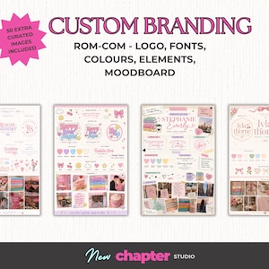 May include: A digital branding kit display featuring four distinct design boards with logos, fonts, color palettes, and moodboard imagery. The text reads CUSTOM BRANDING, ROM-COM - LOGO, FONTS, COLOURS, ELEMENTS, MOODBOARD, 50 EXTRA CURATED IMAGES INCLUDED, and New chapter STUDIO.