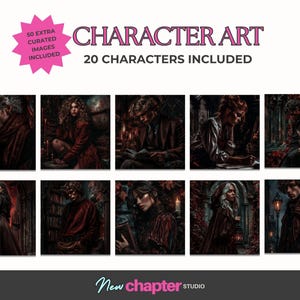 Arte de autor de estilo Dark Academia: Ilustraciones de personajes en color naranja quemado (Descarga digital)