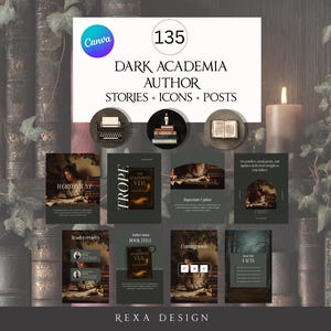 May include: A digital design set with a dark academia theme. The set includes templates for stories, icons, and posts. The design features a vintage aesthetic with a candle, books, and the text "DARK ACADEMIA AUTHOR STORIES + ICONS + POSTS."