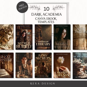 10 modelli di copertina per ebook Canva di Dark Academia con foto corrispondenti, libro modificabile Vintage Scholar