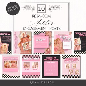 May include: A collection of 10 ROM-COM author engagement posts in pink and black. The posts feature text like "Interview", "Meet the couple", and "Why Choose Him?" Stickers are included. The design is by Rexa Design.