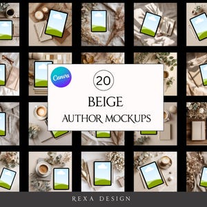 May include: A set of 20 beige author mockups, each displaying a tablet with a landscape image, alongside coffee, notebooks, and decorative items. The Canva logo is present.