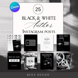 Pode incluir: Um design gráfico a preto e branco com modelos de posts do Instagram. O design inclui o texto "BLACK & WHITE Author INSTAGRAM POSTS" e o número "25". Vários exemplos de posts são exibidos, mostrando vários layouts e elementos de texto.