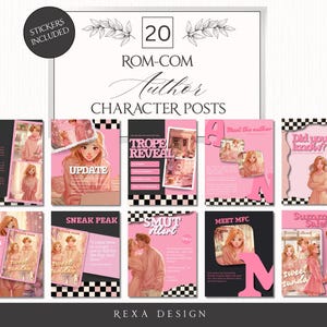 May include: A set of 10 pink and black social media templates for authors, featuring illustrations of a couple. The templates include text such as "Update", "Sneak Peak", and "Summer Sale!" Stickers are included.