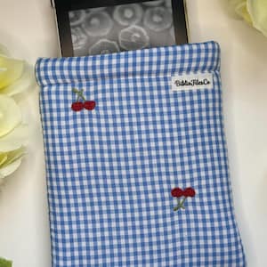 Kindle Paperwhite Sleeve -  Padded E-Reader Cover with Blue Gingham and Embroidered Cherries