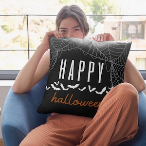 Happy Halloween Pillow, Decorative Cushion, Fall Home Decor, Spooky Gift, Halloween Party Accent, Spiderweb Sofa Cushion, Spooky Pillow
