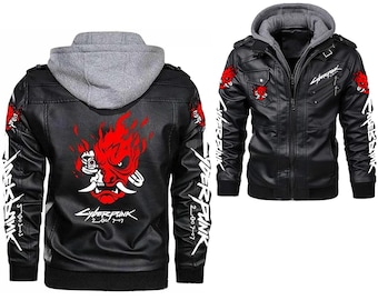 Cyberpunk 2077 Samurai Bomber Grijze Hoodie Zwarte Leren Jas voor Heren en Dames | Gaming Cosplay Jas | Streetwear Motorfiets Hoodie