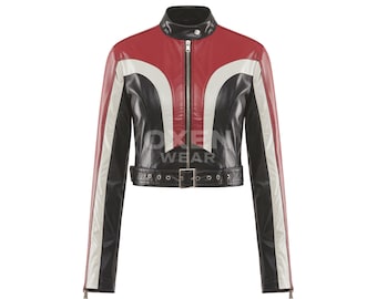 Retro leren motorjack voor dames – rood, zwart, wit, colorblock bikerjack met riem – cropped motorjack voor stijlvolle outfits