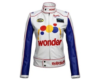 Dames Ricky Bobby Wonder Bread Racing Jacket – Witte leren motorjas in NASCAR-stijl – Talladega Nights kostuum