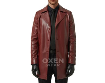 Herenjas van bordeauxrood leer - Formele trenchcoat - Dubbelknoops overjas van echt leer - Klassieke bovenkleding - Cadeau voor hem