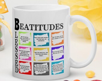Taza de cerámica con citas de las Bienaventuranzas de la Biblia, regalo cristiano