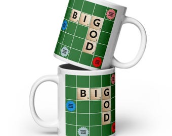 Taza de cerámica blanca brillante con letras de Scrabble cristianas