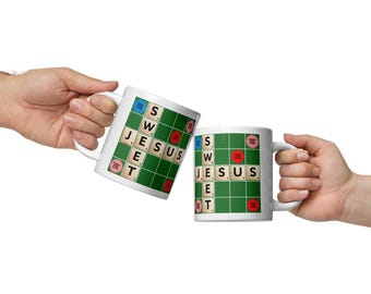 Taza de cerámica blanca brillante con letras de Scrabble cristianas