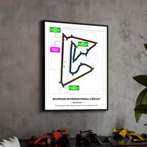 Framed formula 1 track poster – 2025 f1 grand prix circuit map – bahrain – full color layout – physical motorsport print – 50x70cm