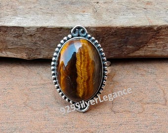 Anillo ovalado con piedra preciosa ojo de tigre, joyería artesanal de plata de ley 925 maciza, joyería para regalo.