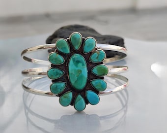 Unique Kingman Turquoise Cuff Bracelet, Party Wear Bracelet, 925 Sterling Silver Handcrafted Jewelry