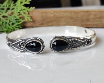 Black Onyx Sterling Silver Bangle, Handmade Adjustable Cuff