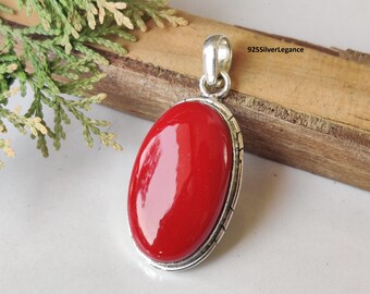 Solid 925 Sterling Silver Jewellery, Red Coral Gemstone Pendant, Handcrafted Item,