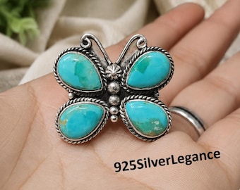 Anillo Kingman de turquesa, plata de ley 925 maciza, joyería vintage, diseño de mariposa hecho a mano.