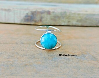 Handcrafted jewellery, Larimar Gemstone Ring, Boho Band, Solid 925 Sterling Silver Ring.