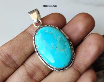 Kingman Turquoise Pendant, Oval Sterling Silver Gemstone Pendant