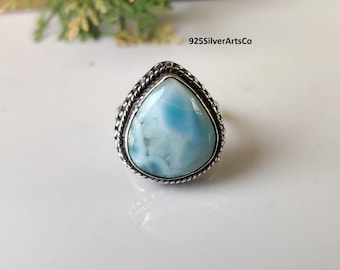 Natural Larimar Gemstone Ring, Handcrafted jewellery, 925 Sterling Silver Ring.