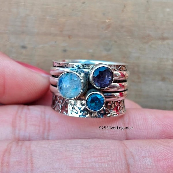 925 Sterling Silver, Handmade Gemstone Ring, Spinner Band, Amethyst, Blue Topaz & Moonstone