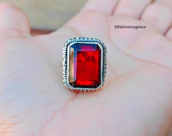 Anillo de piedra preciosa de granate rojo, joyería artesanal de piedra grande, anillo de plata de ley 925.