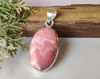 Handmade Rhodochrosite Sterling Silver Pendant, Rose Pink Gemstone