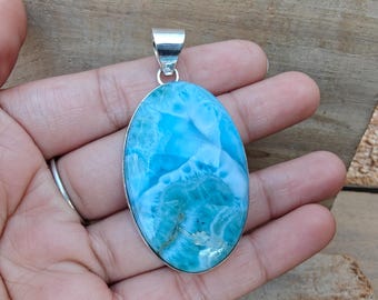 Natural Larimar Oval Gemstone Pendant, Solid 925 Sterling Silver Jewellery, Handcrafted Pendant.