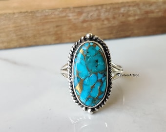 Blauw koperen turkoois edelsteenring, massief 925 sterlingzilveren sieraden, handgemaakte ring.