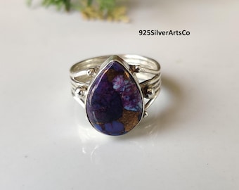 Purple Cooper Turquoise Gemstone Ring, Teardrop Shape, Solid 925 Sterling Silver.