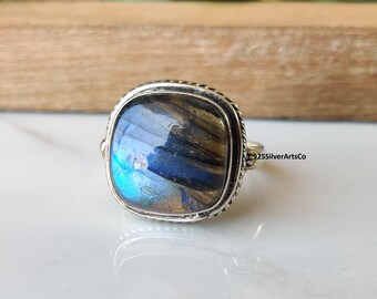 Blue Fire Labradorite Gemstone  Ring, Solid 925 Sterling Silver Jewellery, Gift For Her.